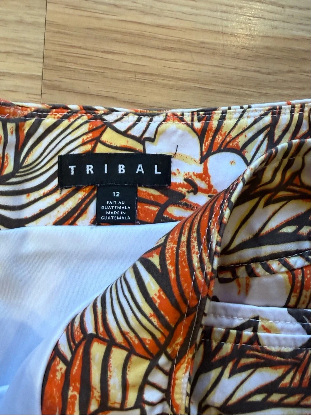 Tribal Orange, White & Brown Floral batik print skirt sz 12